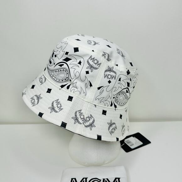 MCM White Visetos Monogram Bandana Print Logo Reversible Bucket Hat NWT $320 - Picture 5 of 10